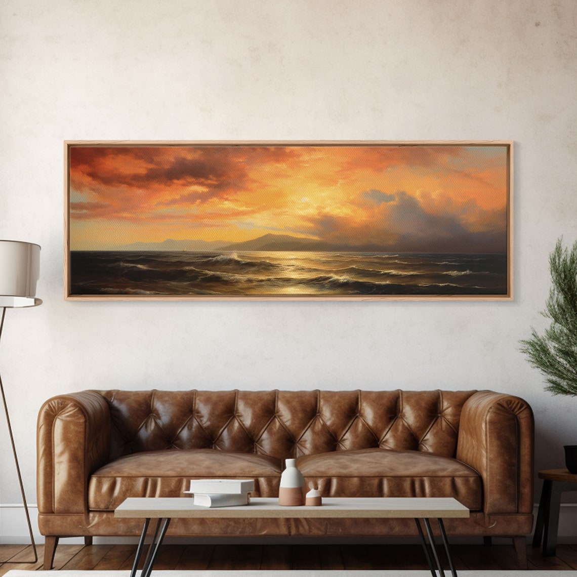 Vintage Seascape Oil Painting Sunset Ocean Waves Panoramic Wall Poster