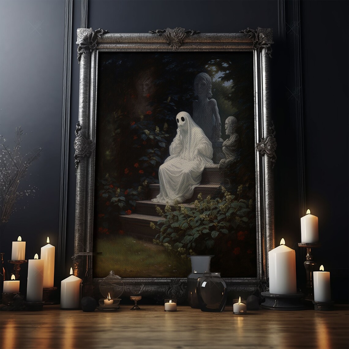 Thoughtful Sheet Ghost Sitting Garden Steps Night Statues Dark Academia Art Poster - Image 4