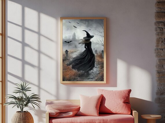 Witch In Foggy Graveyard Bats Gothic Tombstone Dark Halloween Art Poster