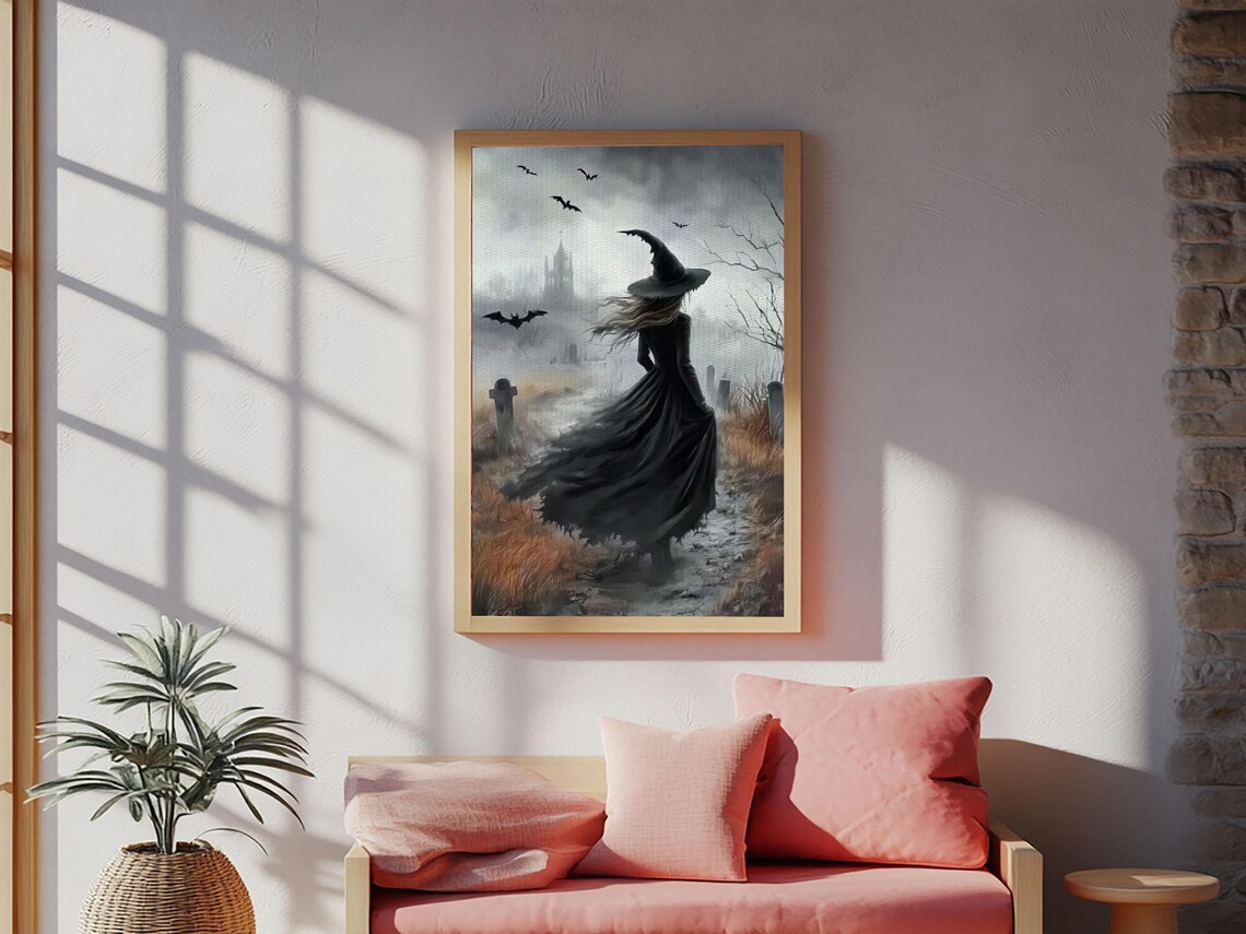 Witch In Foggy Graveyard Bats Gothic Tombstone Dark Halloween Art Poster