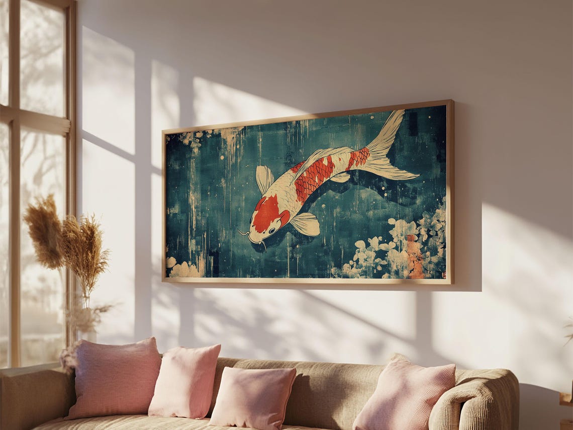Single Red And White Koi Swimming Dark Teal Japanese Painting Wall Art - Image 4