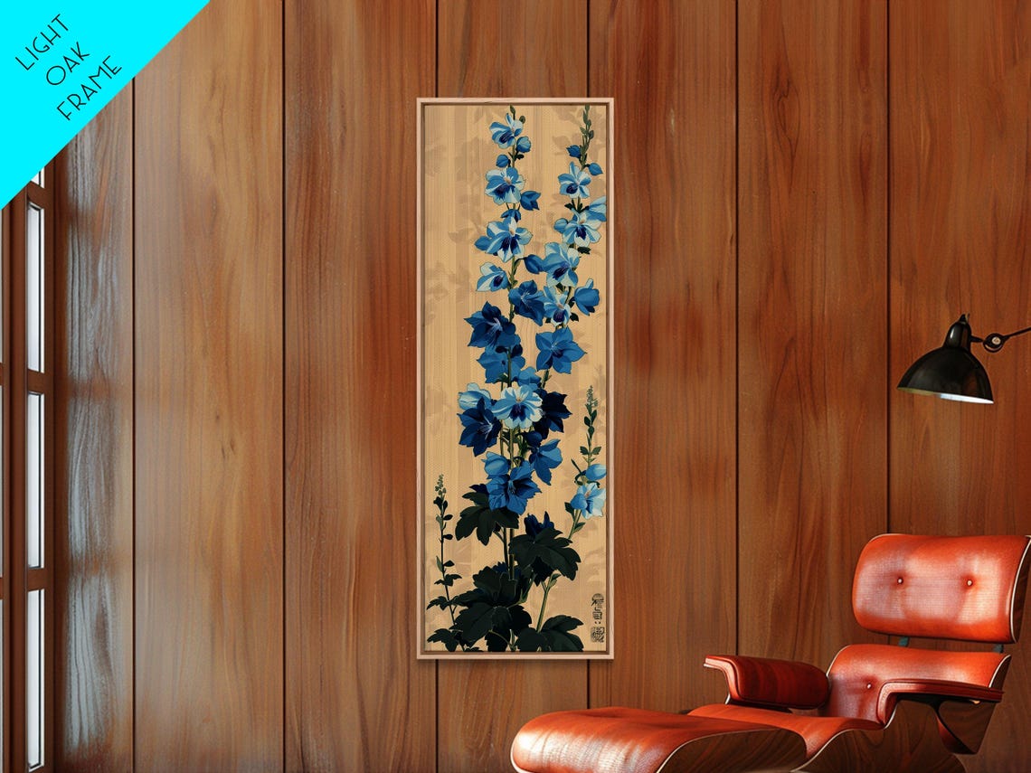 Tall Blue Delphinium Flowers Against Beige Japanese Style Wall Art - Image 3