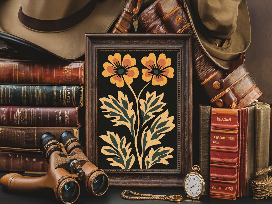 Boho Wildflower Floral Art Mustard Blooms Black Background Print - Image 3