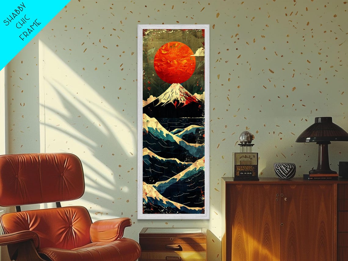 Mount Fuji Beneath Giant Red Sun Above Ocean Waves Vintage Poster - Image 4