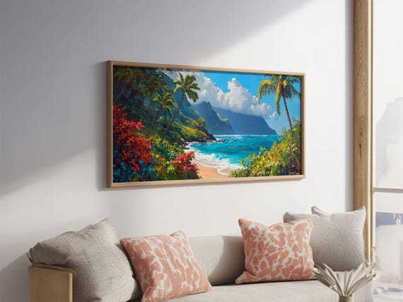 Lush Hawaiian Coast Print Coastal Painting Nautical Wall Art Panoramic Art Tropical Landscape Art Above Bed Wall Art Gift Idea