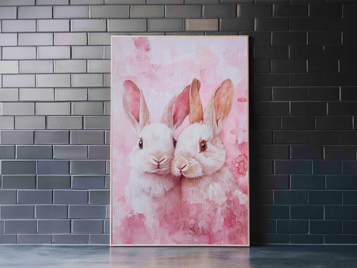Two White Bunnies Cuddling Sweet Pink Watercolor Animal Wall Art - Image 3