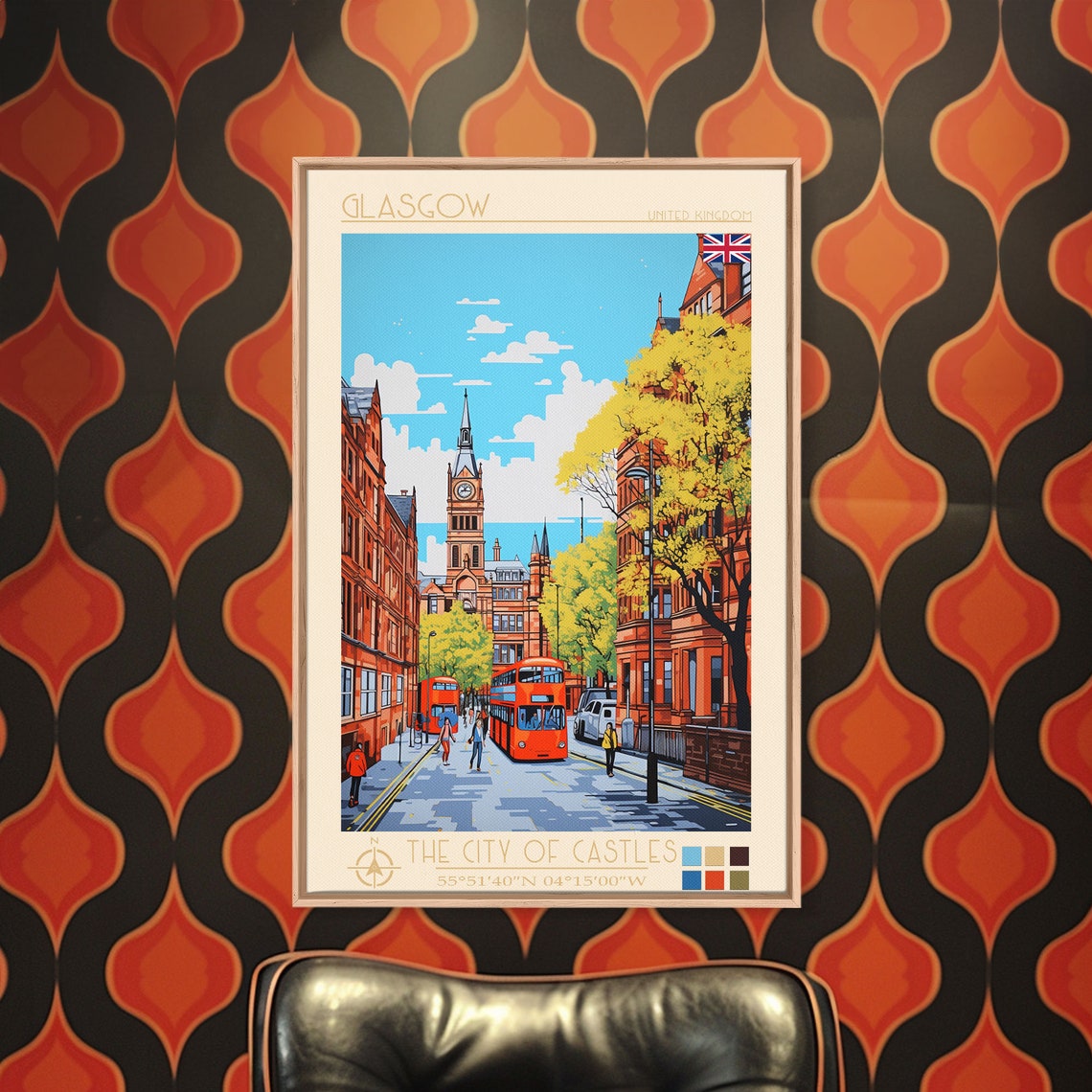 Glasgow United Kingdom Red Brick Street Clock Tower Buses Poster - Image 3