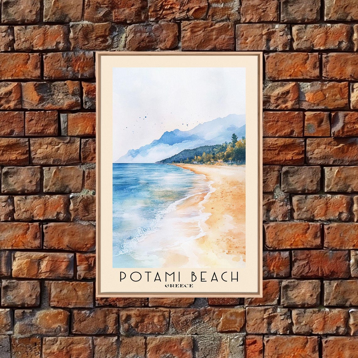 Potami Beach Greece Golden Sand Curve Blue Sea Mountain View Poster - Image 4