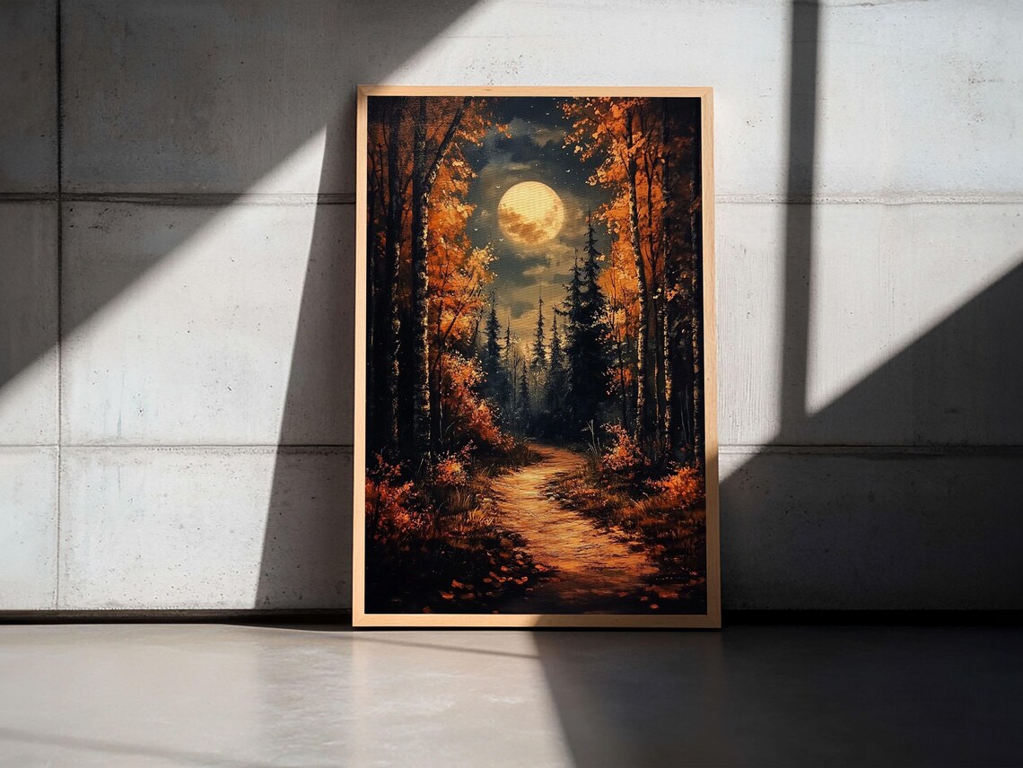Haunted Autumn Forest Full Moon Path Spooky Eerie Night Halloween Art Poster - Image 5