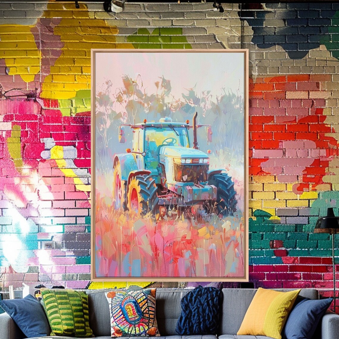 Tractor In A Colorful Meadow At Sunrise Pastel Farm Landscape Poster - Image 2