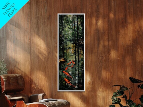 Elegant Koi Fish Swimming Serene Water Garden Nature Art Framed Print Tall Art Japanese Style Art