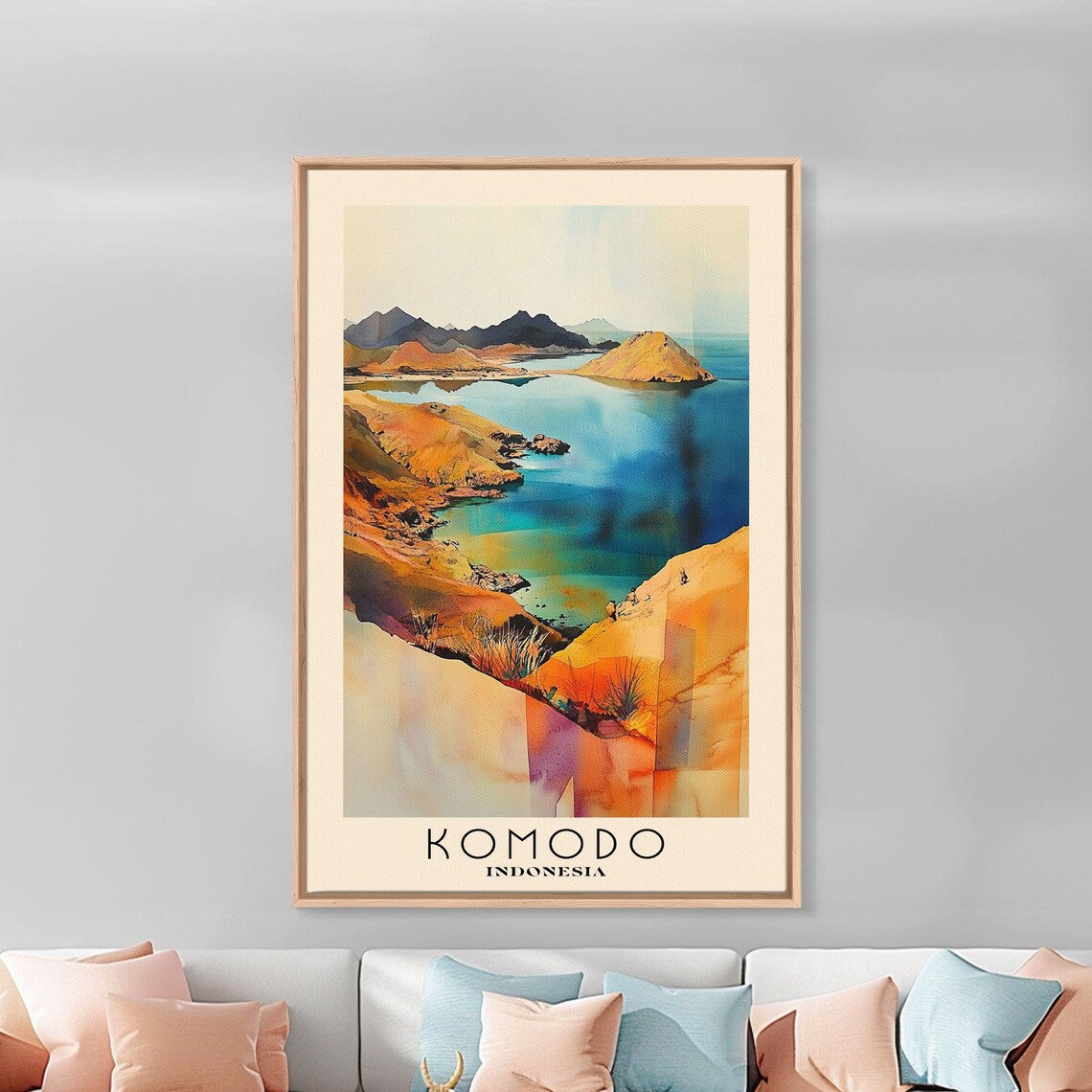 Komodo Indonesia Golden Hills Turquoise Bays Savanna View Watercolor Poster - Image 3