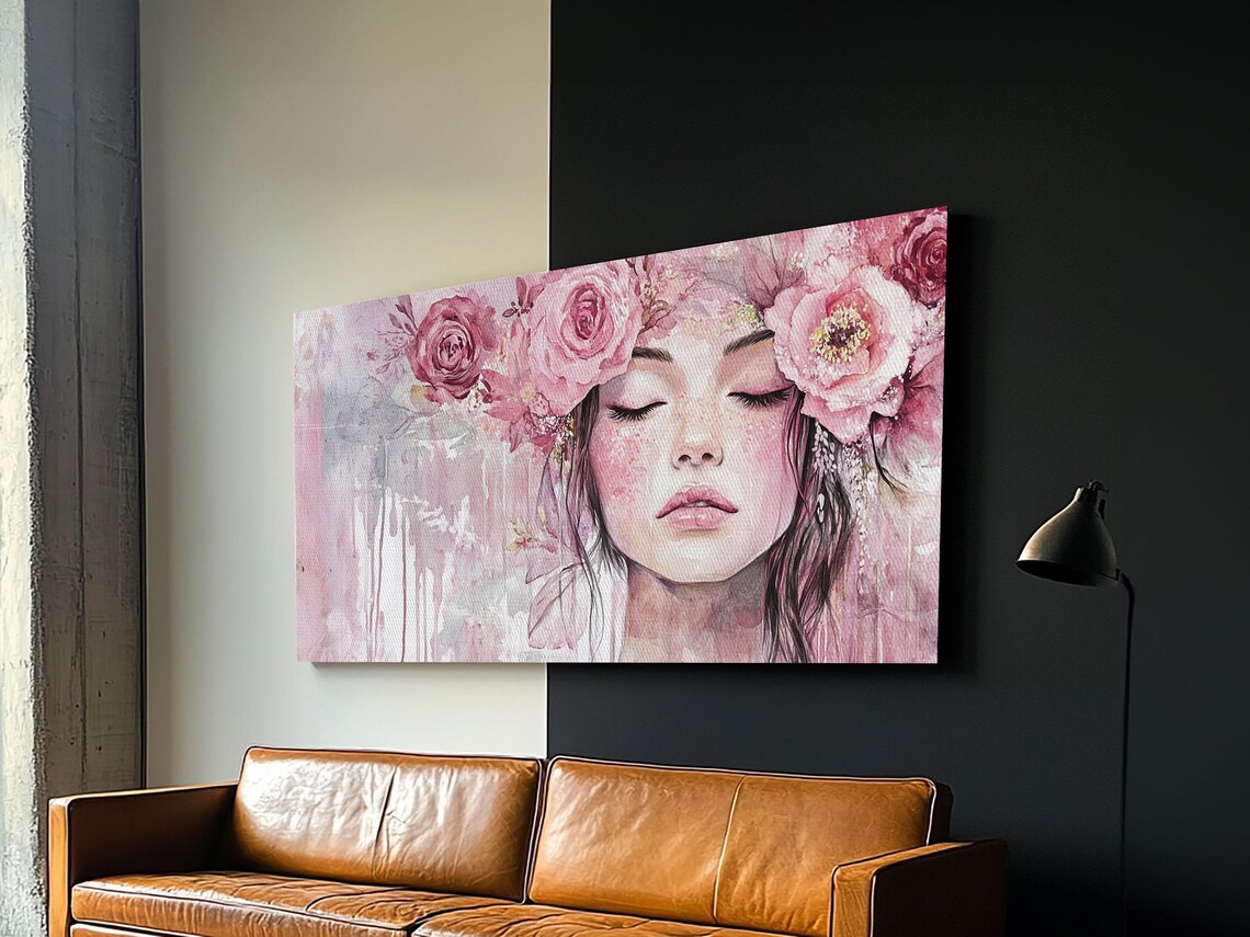 Feminine Goddess Portrait With Pink Roses Watercolor Dreamy Art Poster - Image 5