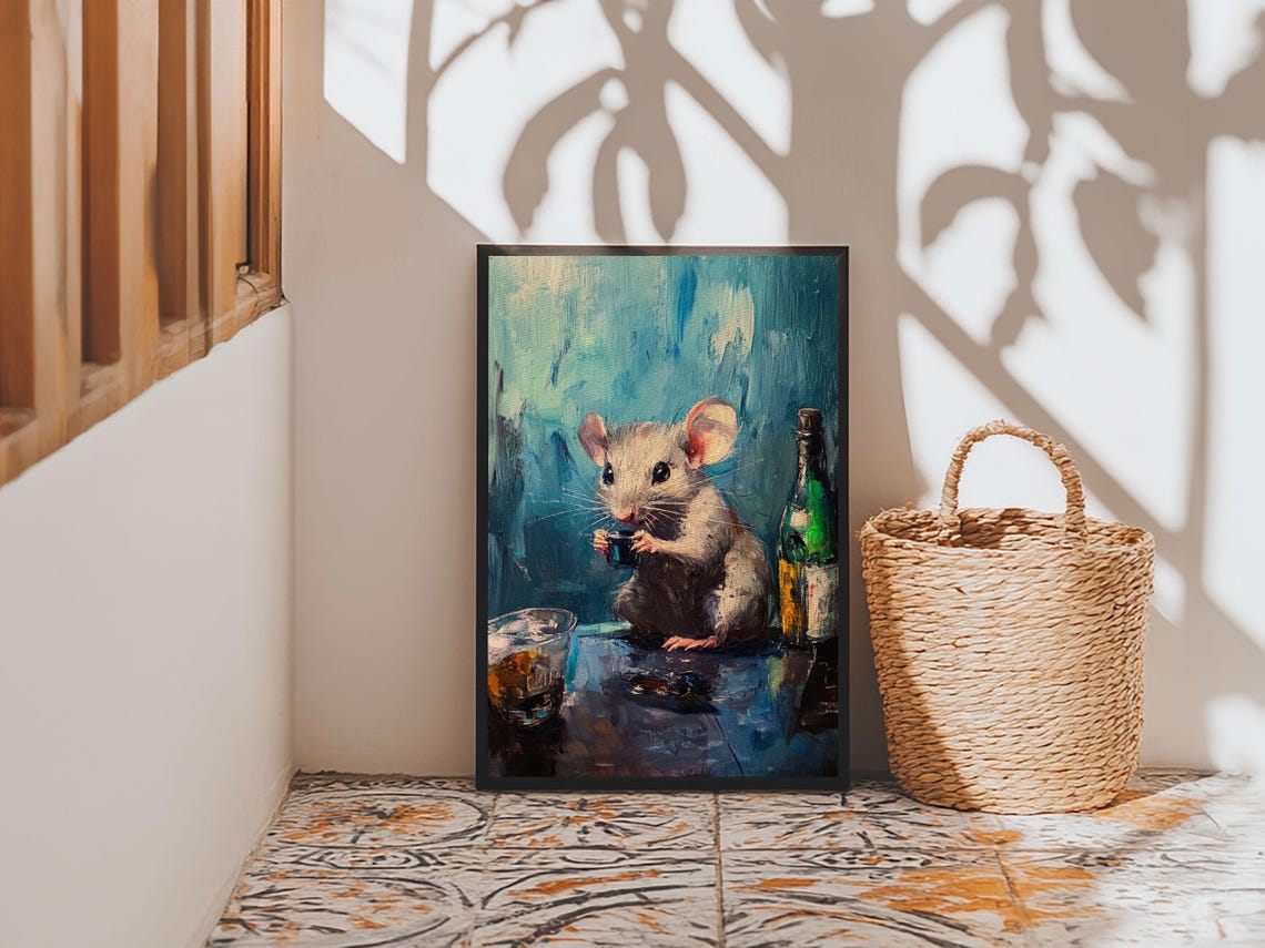 Funny Drinking Mouse Bar Scene Painting Wine Bottle Whiskey Poster - Image 2