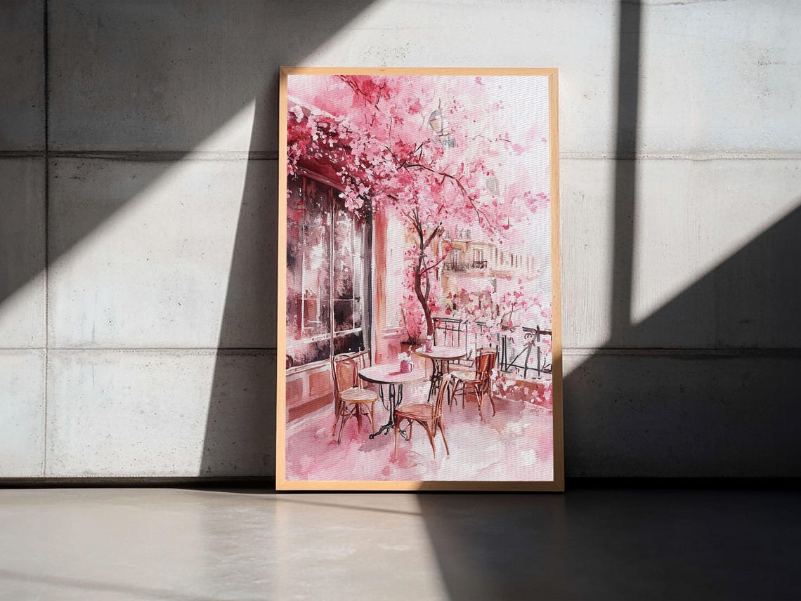 Cherry Blossom Cafe Street Scene Pink Watercolor Romantic Art Poster - Image 5