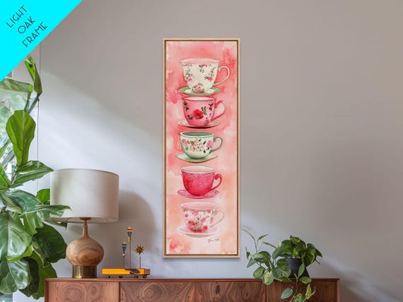 Vintage Tea Cup Illustration Print Chinoiserie Wall Art Cottagecore Decor Kitchen Artwork Living Room Pastel Home Accent