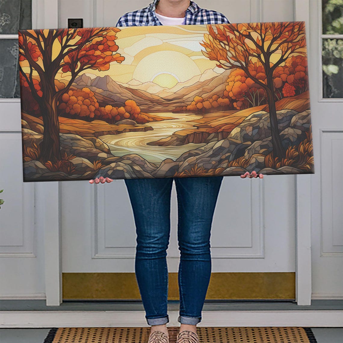 Stained Glass Autumn Sunrise Mountain River Landscape Art Poster - Image 4