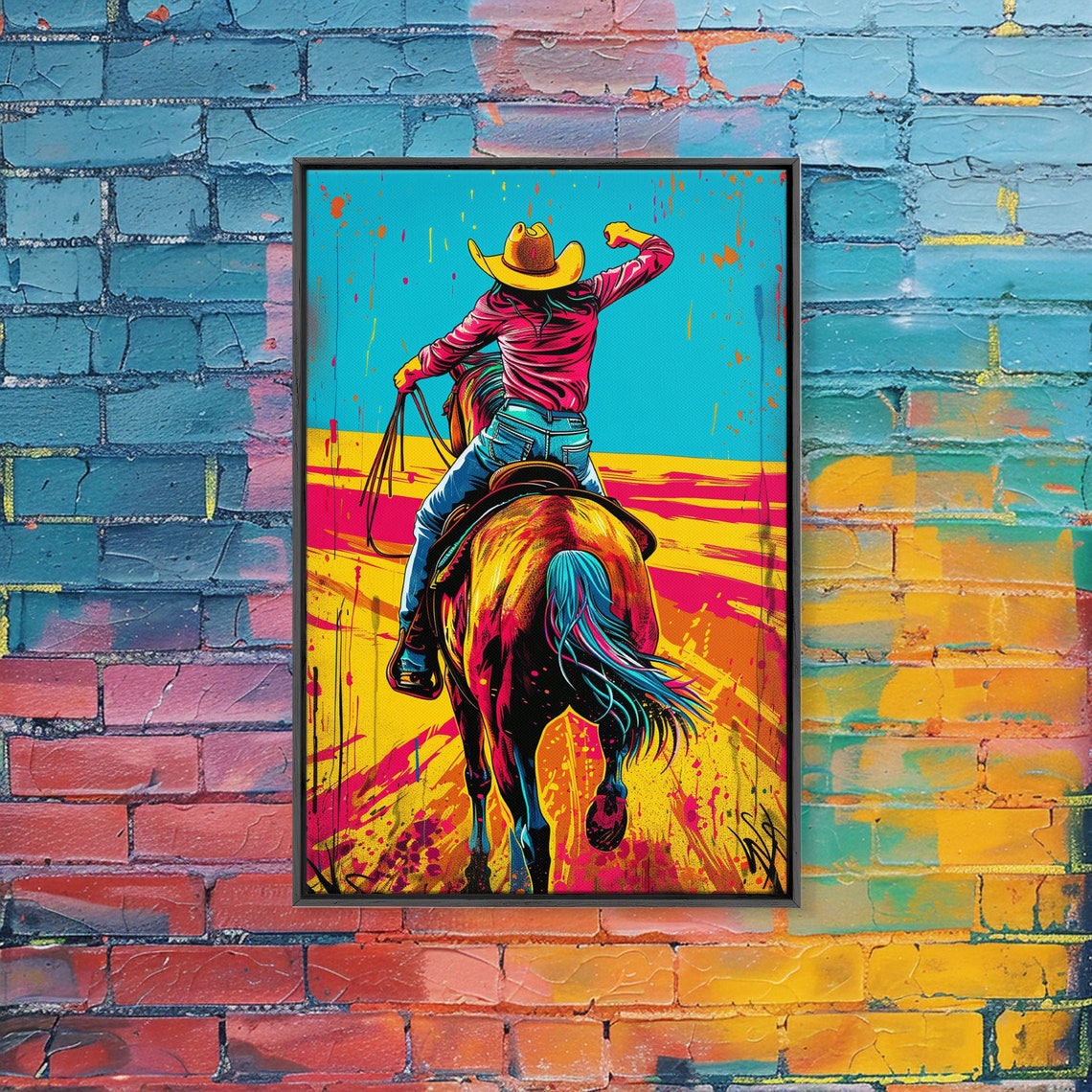 Pop Art Cowgirl Riding Horseback Bold Teal Sunset Western Art Poster - Image 3