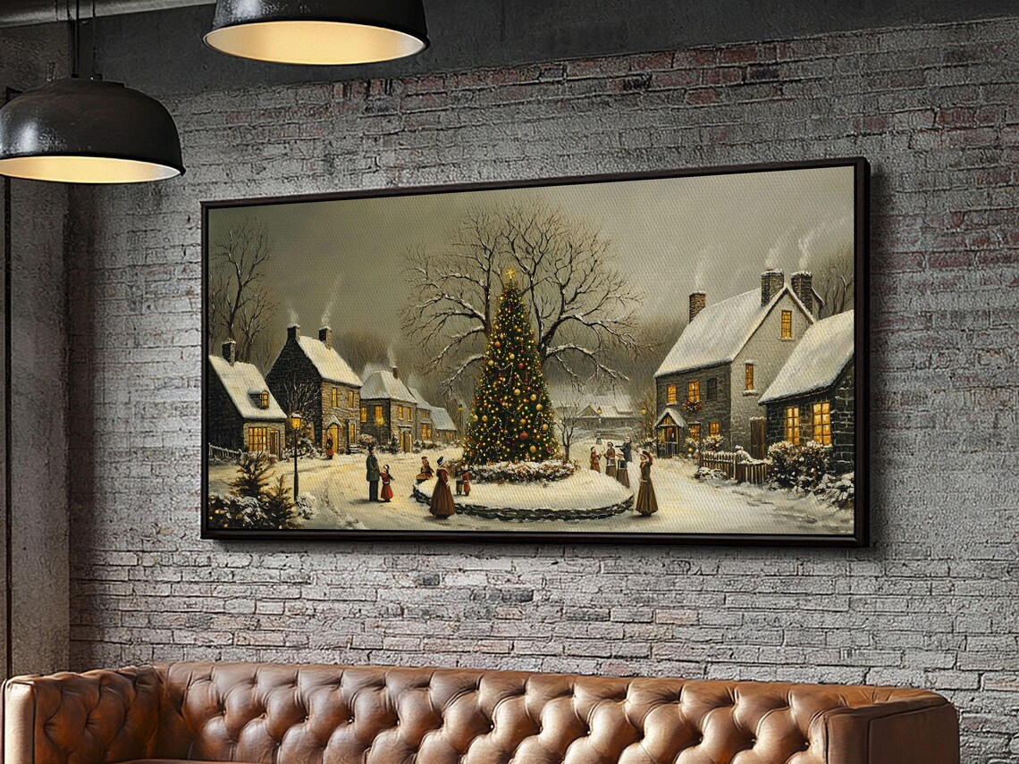 Cozy Christmas Village Square Snowy Night Lit Tree Oil Painting Print - Image 4