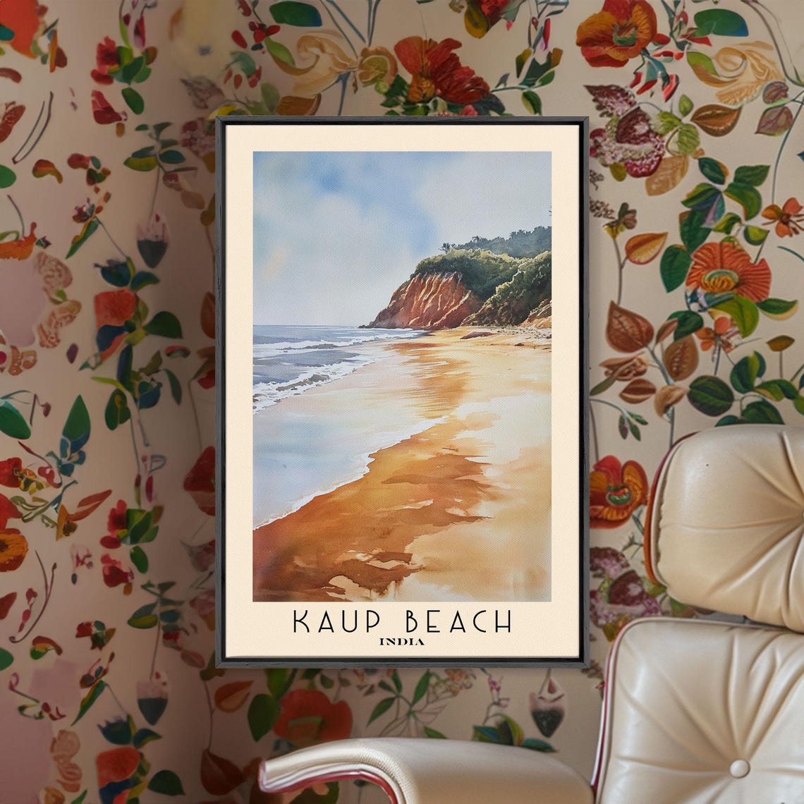 Kaup Beach India Golden Sand Red Cliffs Surf Watercolor Poster - Image 2