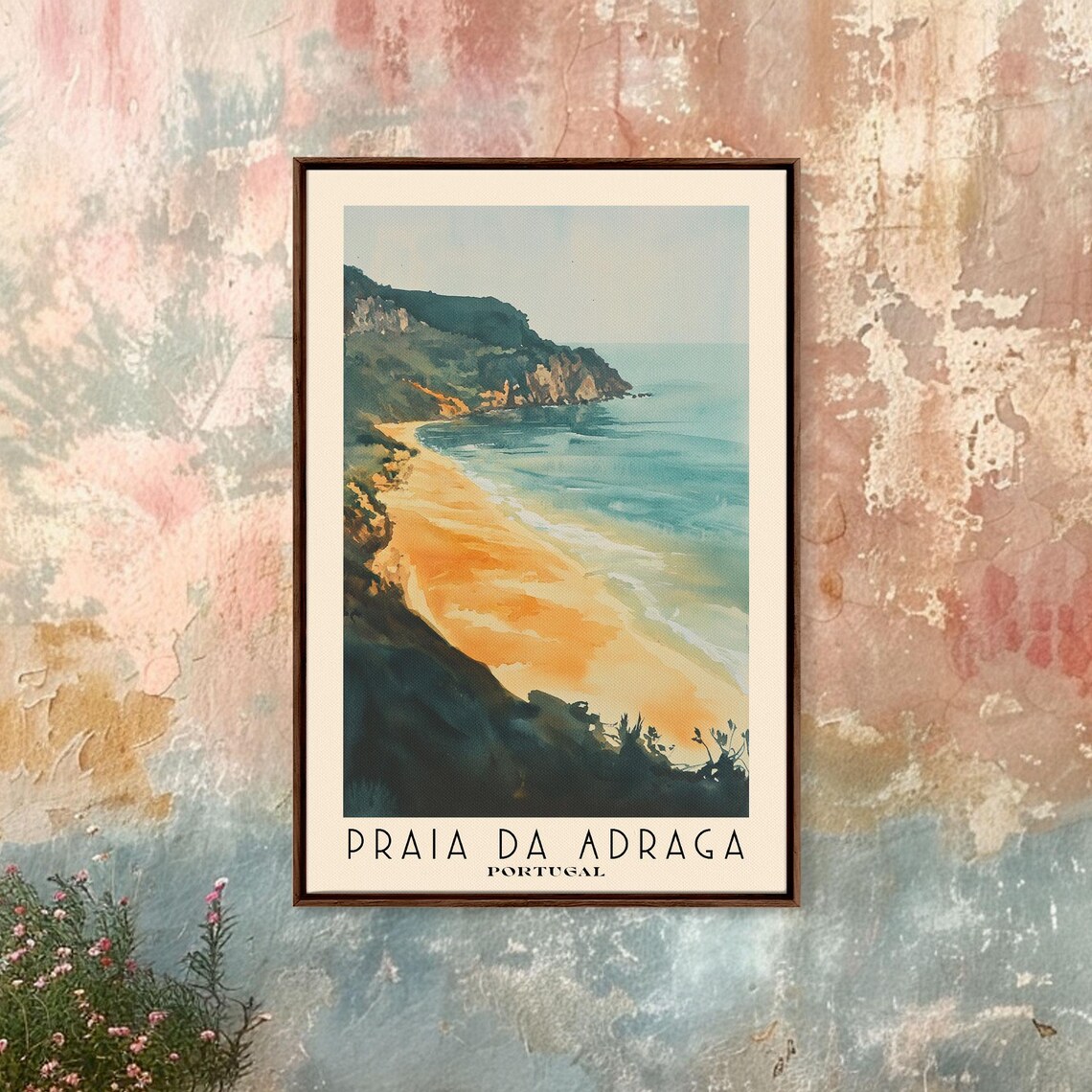 Praia da Adraga Portugal Golden Beach Dark Cliffs Watercolor Travel Poster