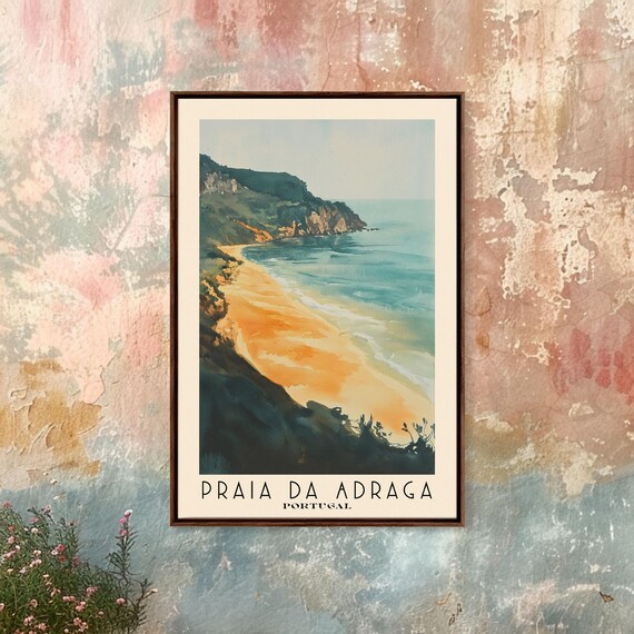 Praia da Adraga Portugal Golden Beach Dark Cliffs Watercolor Travel Poster