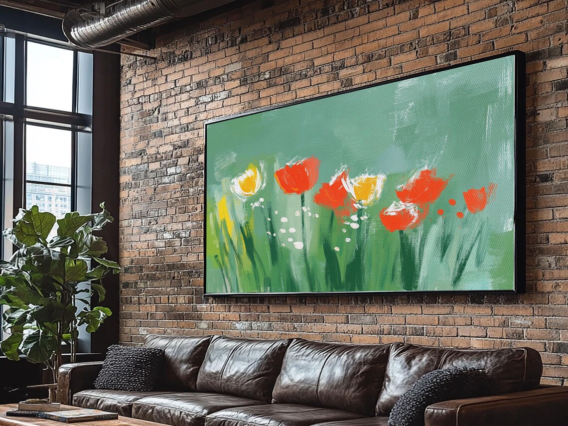 Green Abstract Tulip Oil Painting Print Vintage Flower Art Countryside Wall Decor Rustic Farmhouse Wall Art Flower Painting - Image 6