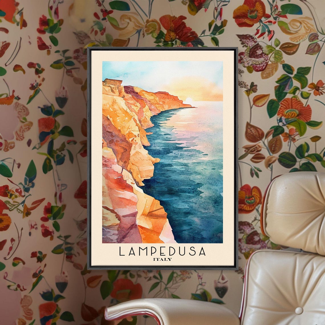 Lampedusa Italy Sunset Cliffs Golden Coastline Watercolor Poster - Image 2