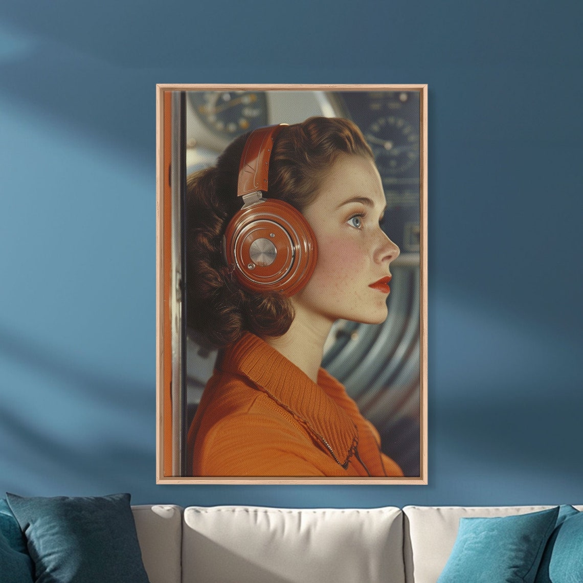 Retro Space Age Woman Headphones Cockpit 1950s Sci Fi Wall Art