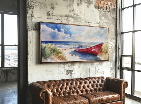 Red Canoe On Sandy Beach Panoramic Painting Ocean Waves Coastal Scene Poster