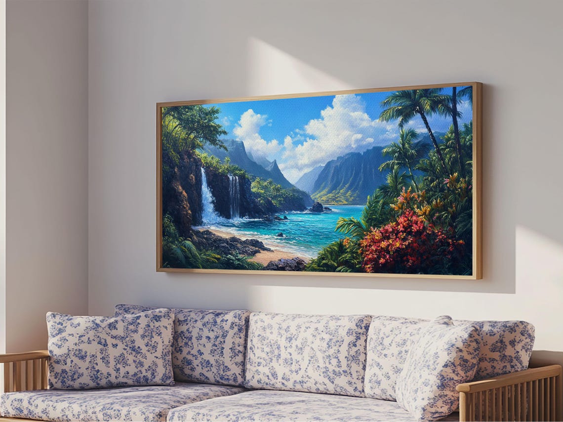 Waterfall Paradise Print Hawaii Art Coastal Wall Art Above Sofa Decor Rustic Landscape Painting Living Room Art Gift Idea - Image 5
