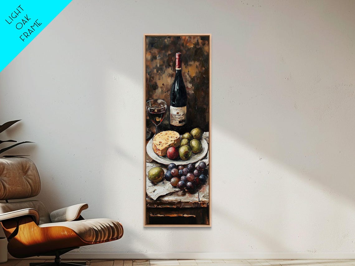 Rustic Wine Bottle Cheese Fruit Still Life Dark Kitchen Art Poster - Image 5