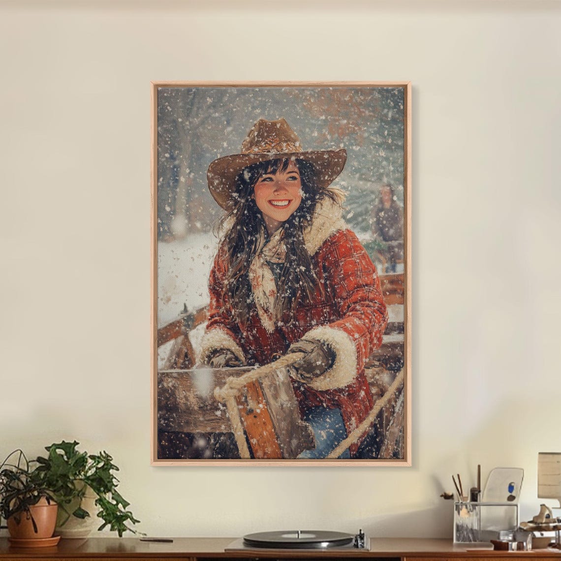 Cheerful Cowgirl Pulling Sled Snowfall Winter Vintage Holiday Wall Art - Image 4
