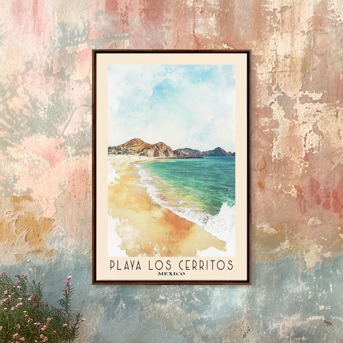 Playa Los Cerritos Mexico Golden Shore Desert Hills Watercolor Travel Poster