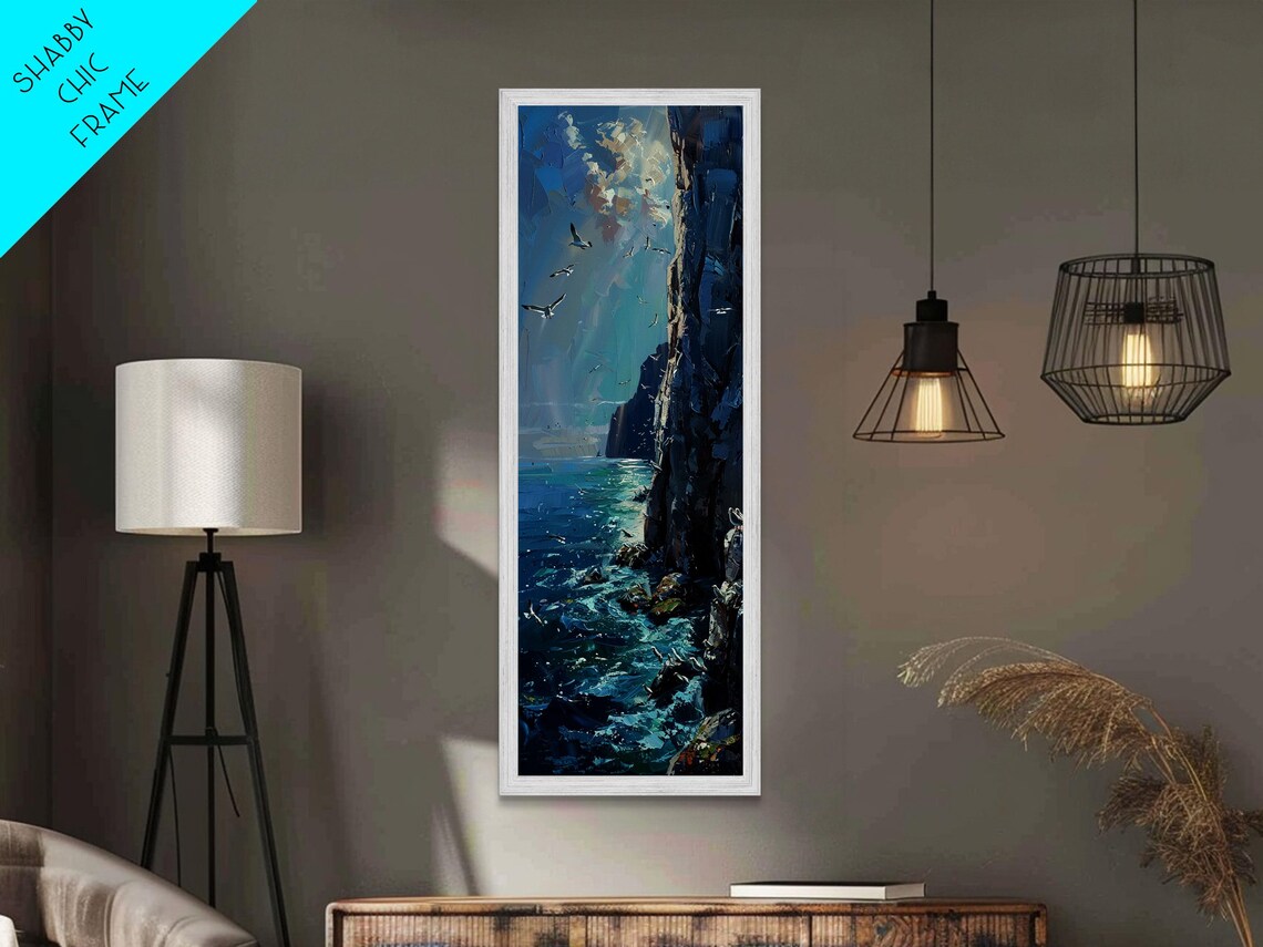 Seagulls Soaring Over Dark Ocean Cliffs Impasto Dramatic Seascape Poster - Image 5