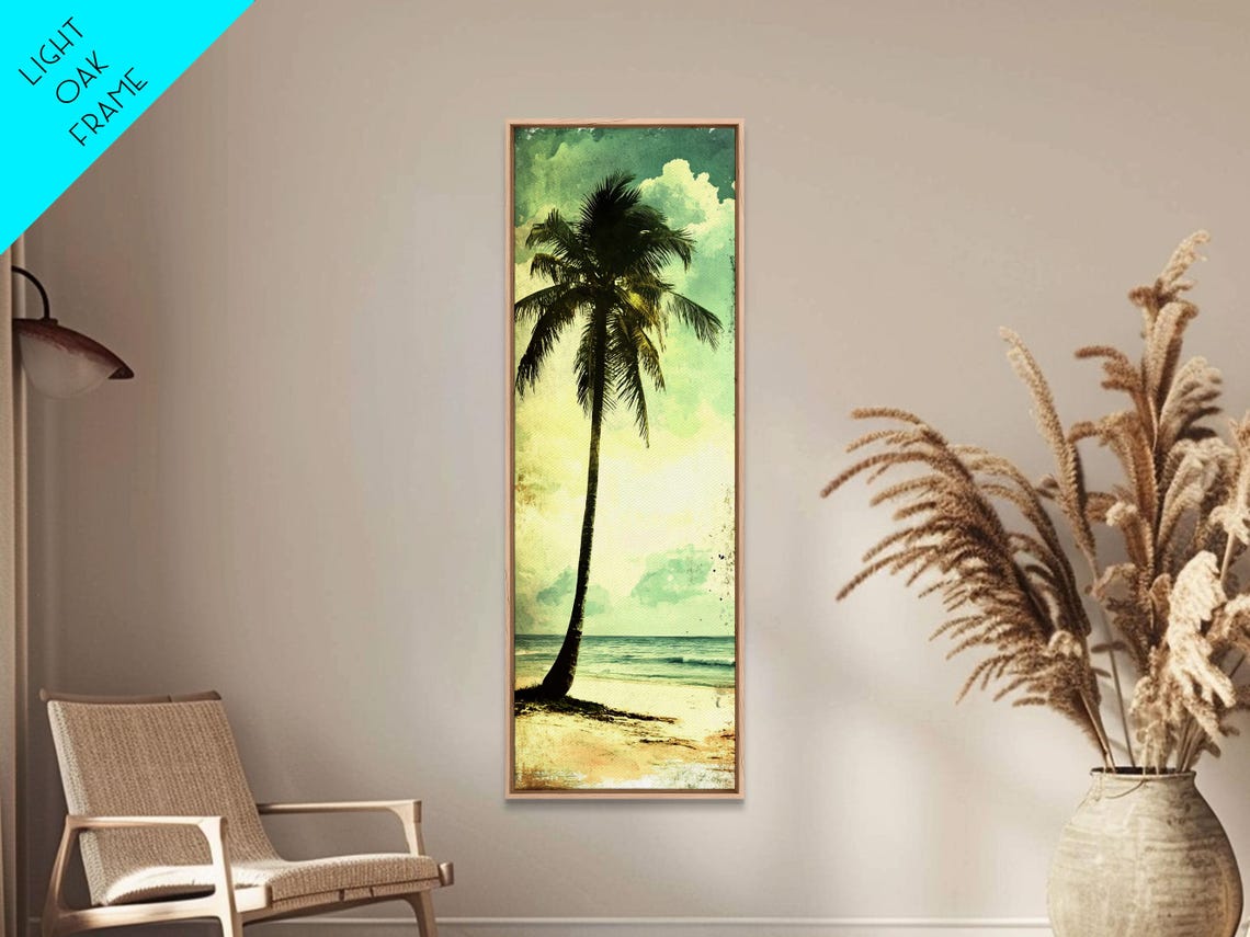 Tall Palm Tree Beach Vintage Green Coastal Waves Surf Wall Art - Image 2