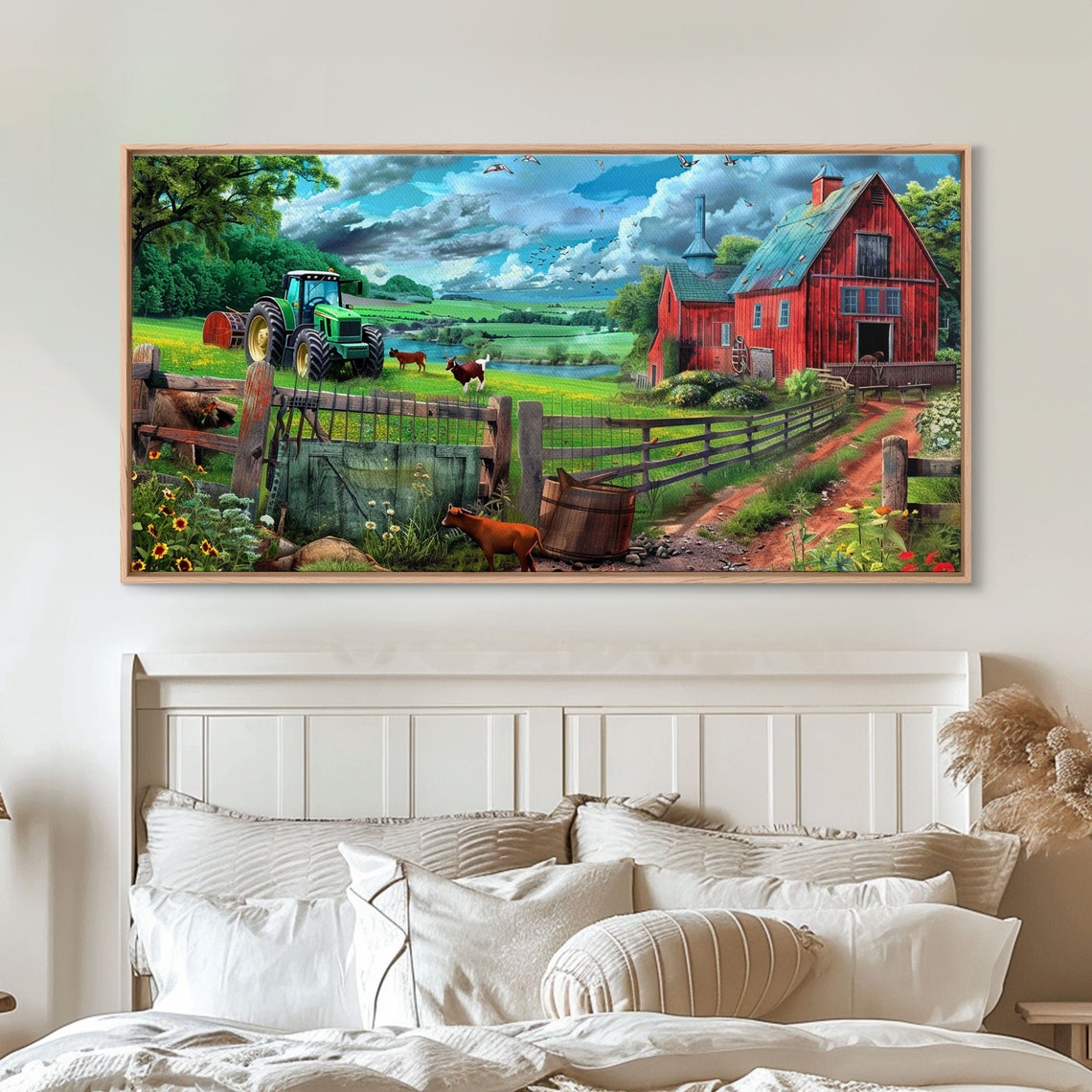 Red Barn Green Tractor Cows Gate Sunflowers Farm Valley Art Poster - Image 4