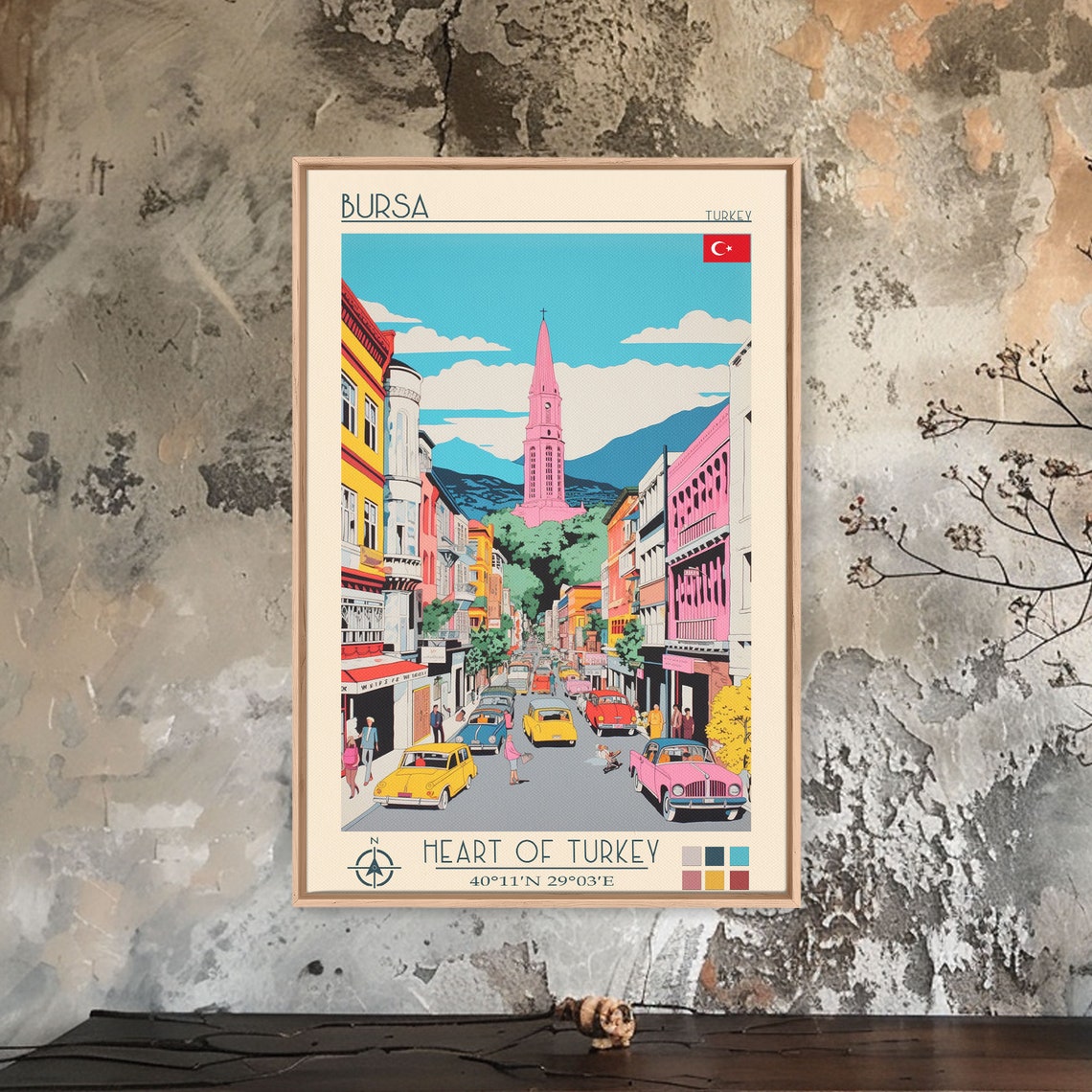 Bursa Turkey Bustling Street Colorful Classic Cars Tower View Poster - Image 4