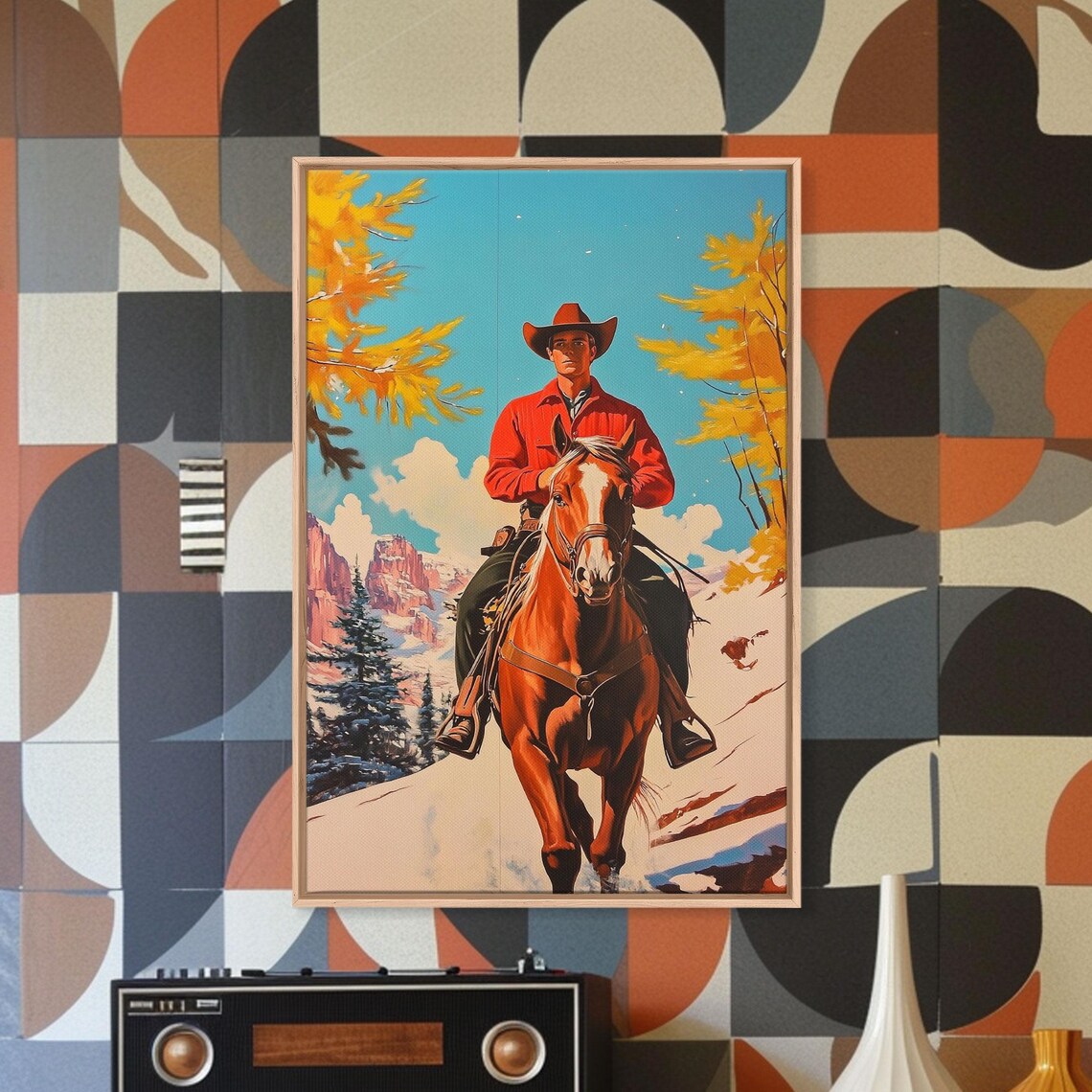 Cowboy Riding Horse Snowy Mountain Red Shirt Western Art Poster - Image 2