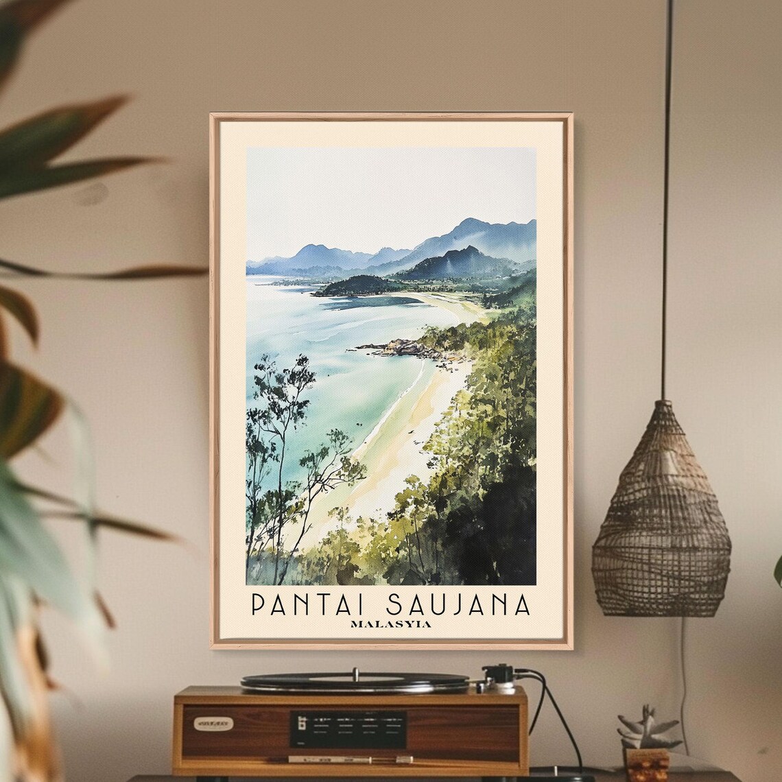 Pantai Saujana Malaysia Green Hills Bay Watercolor Scenic Travel Poster - Image 2