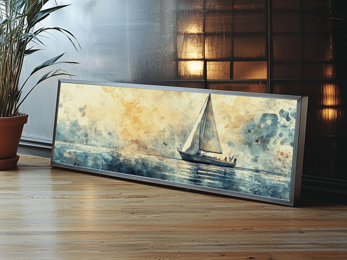 Sailboat Calm Sea Watercolor Panoramic Nautical Beach Decor Wall Poster - Image 3