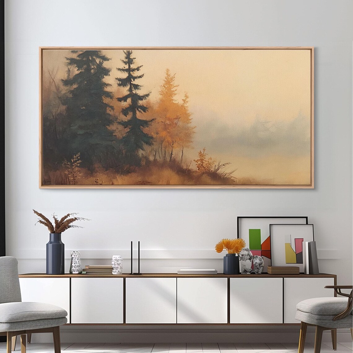 Autumn Watercolor Pines Golden Birch Foggy Morning Minimal Poster - Image 4