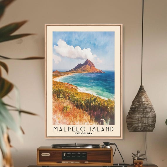 Malpelo Island Colombia Watercolor Print Vacation Gift Colombia Wall Art Beach Painting Beach Decor Large Wall Art Wood Frame Art