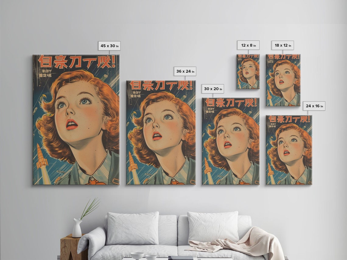 Retro Japanese Sci Fi Woman Rockets Atomic Age Comic Wall Art - Image 2