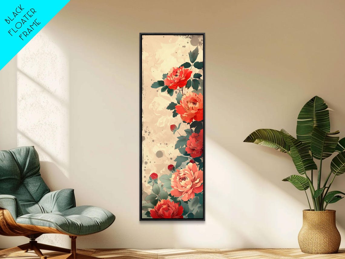 Vibrant Red Peonies Beige Background Tall Japanese Floral Art Poster - Image 5