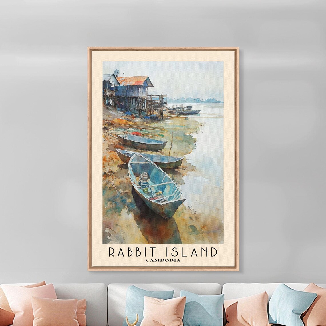 Rabbit Island Cambodia Beached Fishing Boats Stilt Houses Village Watercolor Poster - Image 3