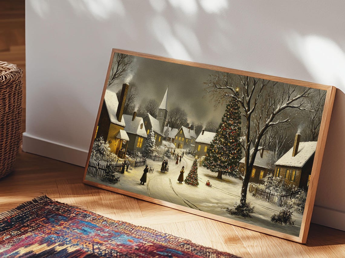 Victorian Christmas Village Night Snowy Church Tree Painting Print - Image 5