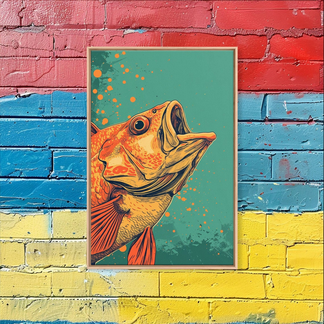 Leaping Orange Fish Mouth Open Stylized Illustration Wall Art Print - Image 3