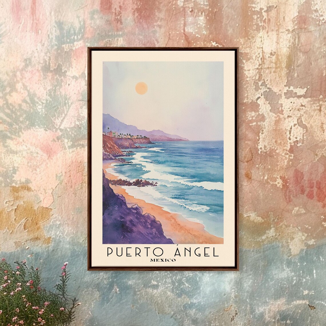 Puerto Angel Mexico Rocky Coastline Sunset Surf Headland Blue Ocean Watercolor Poster