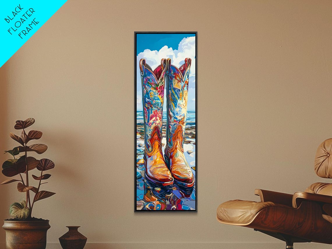 Painted Floral Cowboy Boots On Ocean Beach Western Decor Poster - Image 5